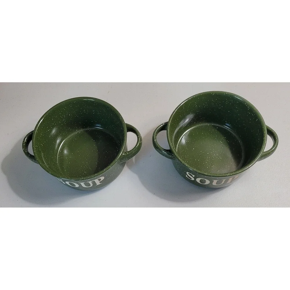 California Pantry Soup Bowls Green Speckled Ceramic Double Handle Set of 2 OS